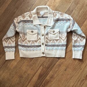 Pink Rose Cream and Blue Patterned Cropped Cardigan - L